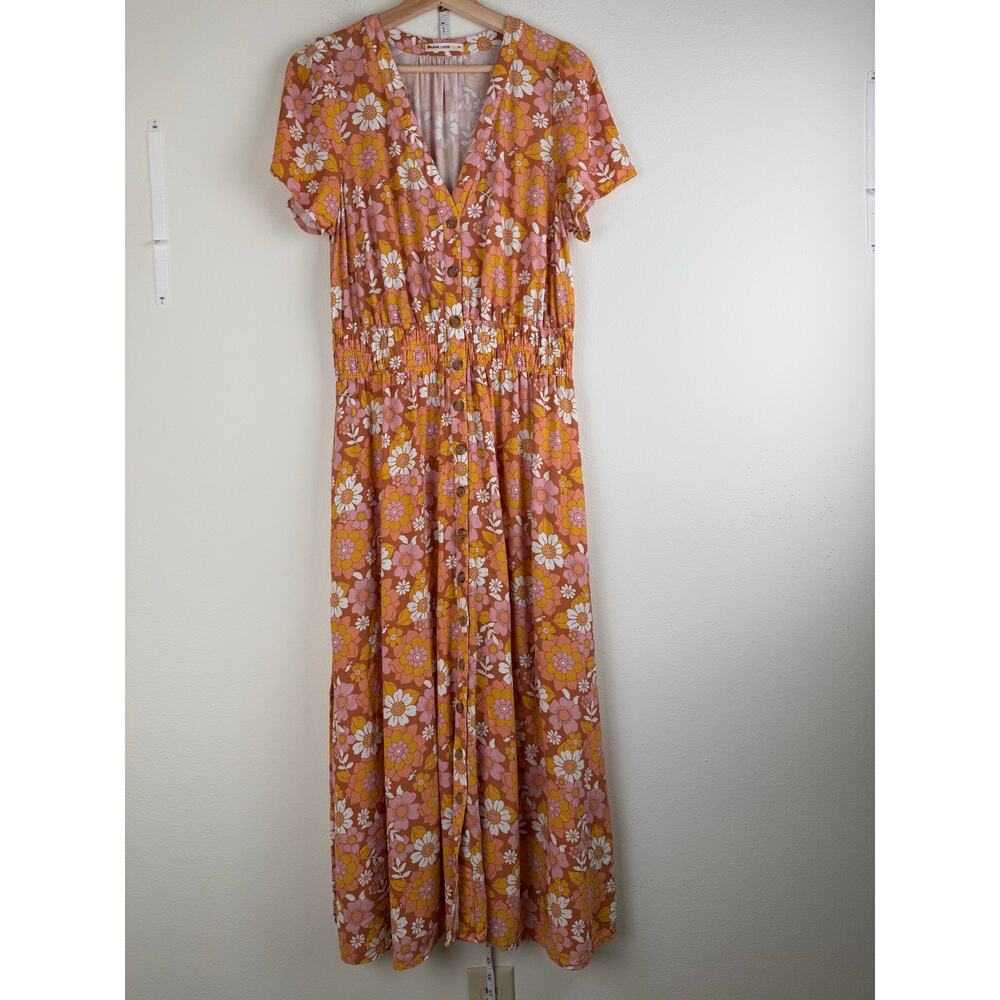 Marine Layer Annika Smocked Floral Midi Dress Amber Brown Medium - Picture 7 of 16